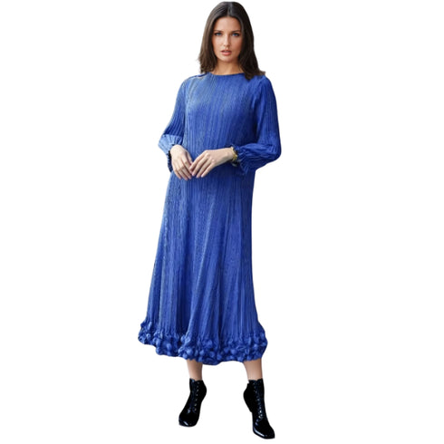 long-sleeve pleated bubble hem midi dress - DR1583