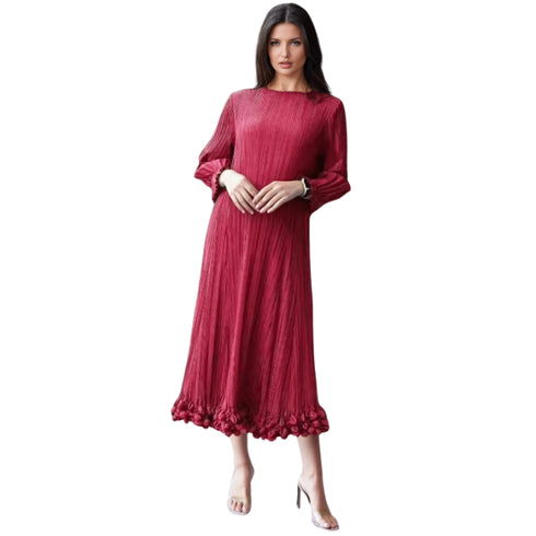 long-sleeve pleated bubble hem midi dress - DR1583