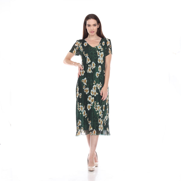 Short Sleeve V Neck Pleated Dress - DR1008 Green