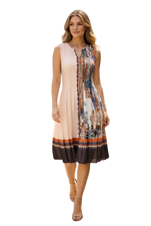 Elegant Pleated Midi Dress – Blue & Peach Print