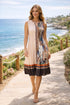 Elegant Pleated Midi Dress – Blue & Peach Print