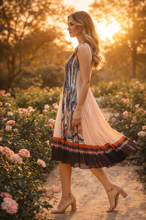 Elegant Pleated Midi Dress – Blue & Peach Print