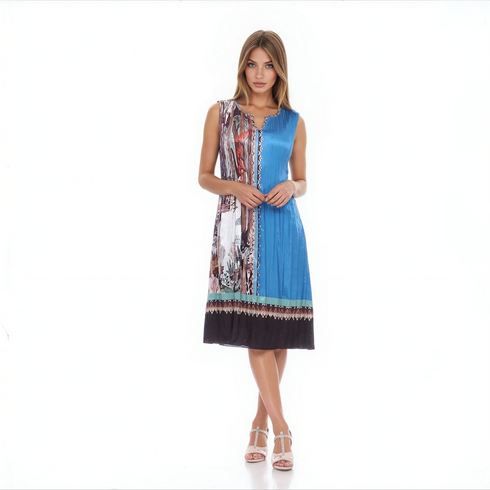 Elegant Pleated Midi Dress – Blue & Peach Print