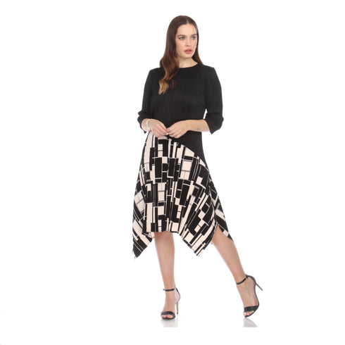 3/4 Sleeve Skirt Print Pleated Dress - DR1070 Black