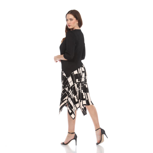 3/4 Sleeve Skirt Print Pleated Dress - DR1070 Black