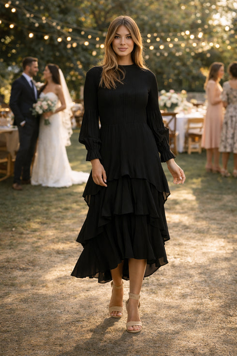 Elegant Black Layered Midi Dress | Romantic Wedding Guest & Evening Dress