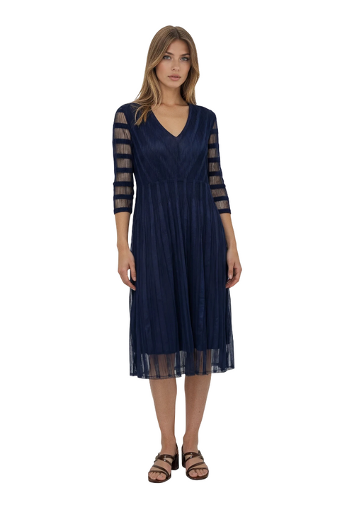 Pleated V-Neck Midi Dress- DR1106 Navy