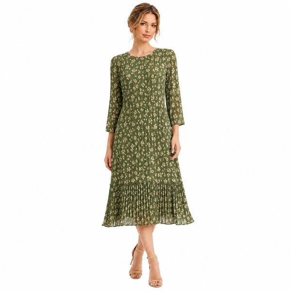 Olive Green Floral Pleated Midi Dress with Three Quarter Sleeves
