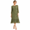 Olive Green Floral Pleated Midi Dress with Three Quarter Sleeves