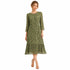 Olive Green Floral Pleated Midi Dress with Three Quarter Sleeves