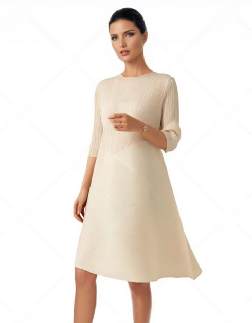 Elegant Asymmetric Pleated Dress - DR1270 Beige