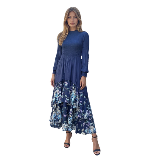 Elegant Layered Floral Midi Dress – Black & Navy | Smocked Bodice, Tiered Ruffle Skirt