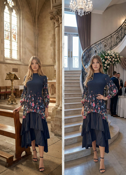 Elegant Floral Tired Print Dress - DR1298 Black