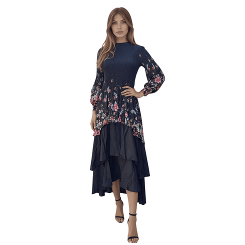 Elegant Floral Tired Print Dress - DR1298 Black