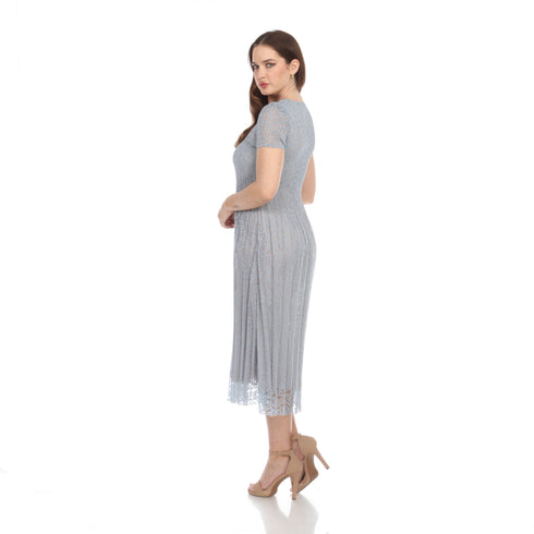 Elegant V-Neck Lace Midi Dress – Silver