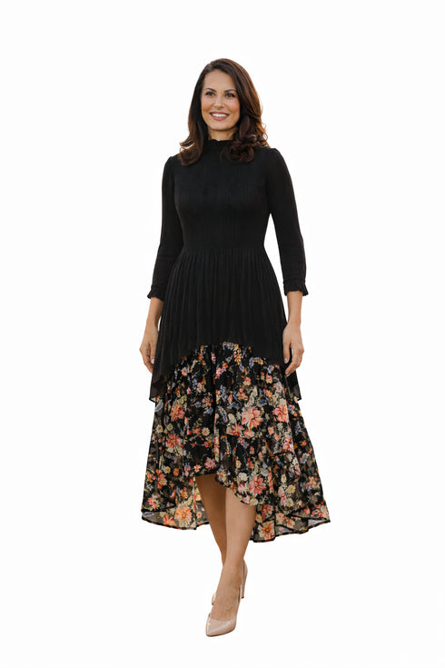 Elegant Layered Floral Midi Dress – Black & Navy | Smocked Bodice, Tiered Ruffle Skirt