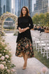 Elegant Layered Floral Midi Dress – Black & Navy | Smocked Bodice, Tiered Ruffle Skirt