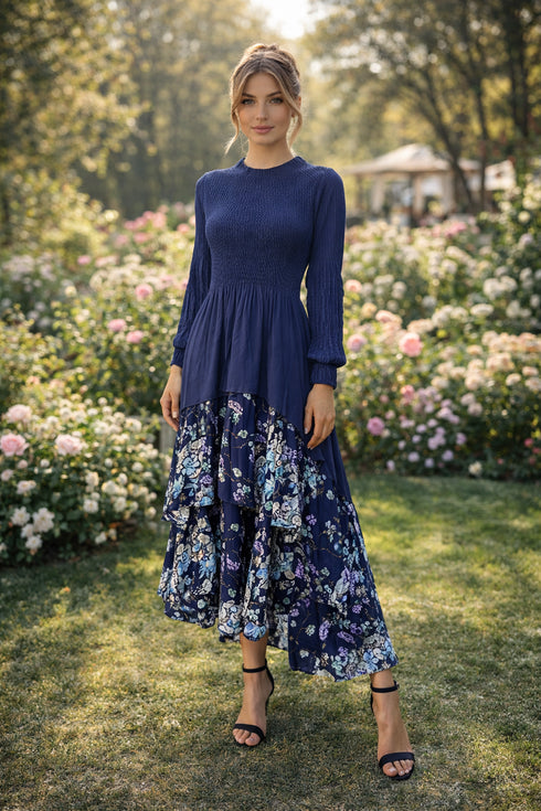 Elegant Layered Floral Midi Dress – Black & Navy | Smocked Bodice, Tiered Ruffle Skirt