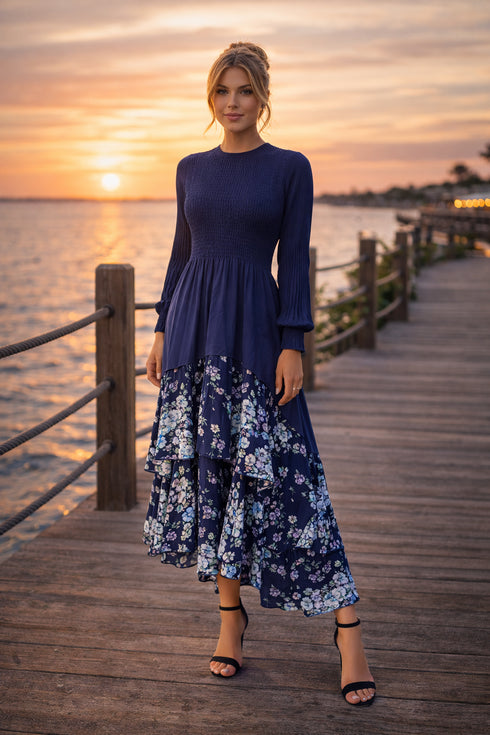 Elegant Layered Floral Midi Dress – Black & Navy | Smocked Bodice, Tiered Ruffle Skirt