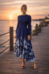 Elegant Layered Floral Midi Dress – Black & Navy | Smocked Bodice, Tiered Ruffle Skirt