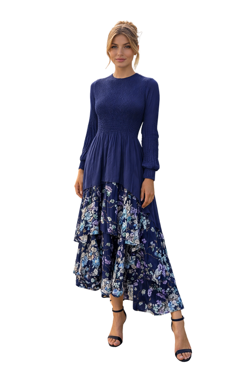 Elegant Layered Floral Midi Dress – Black & Navy | Smocked Bodice, Tiered Ruffle Skirt