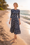 Navy Floral Pleated Midi Dress, Elegant Wedding Guest & Occasion Dress