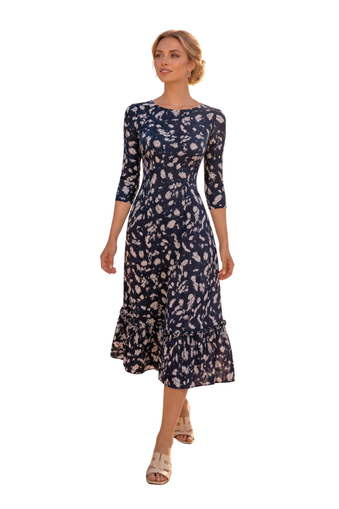 Navy Floral Pleated Midi Dress, Elegant Wedding Guest & Occasion Dress