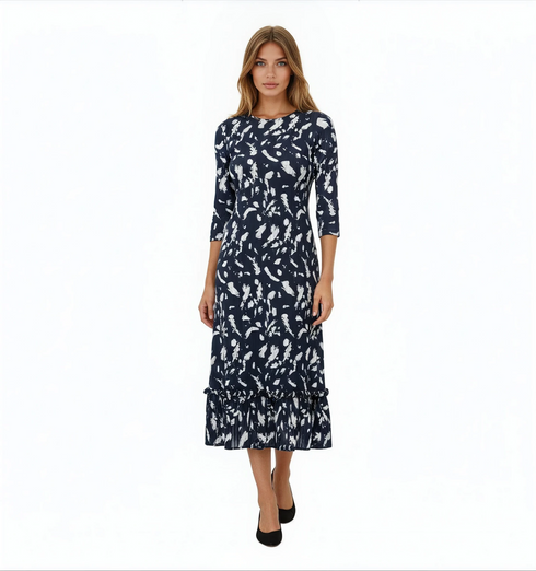 Navy Floral Pleated Midi Dress, Elegant Wedding Guest & Occasion Dress