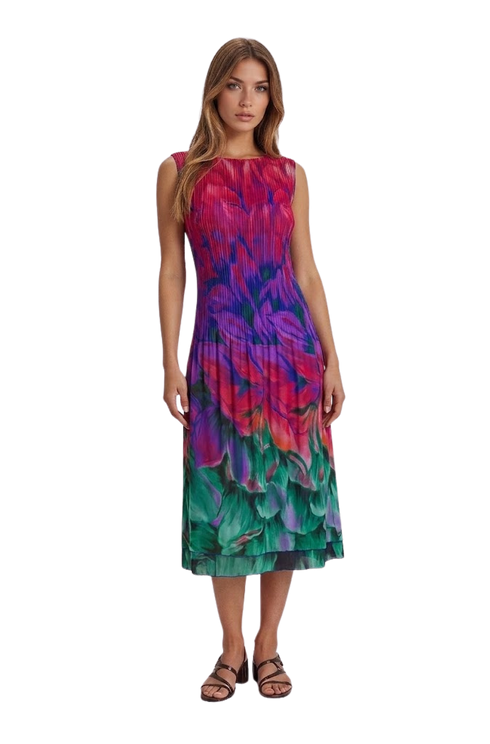 Pleated Floral Sleeveless Midi Dress – Fuchsia Green Print