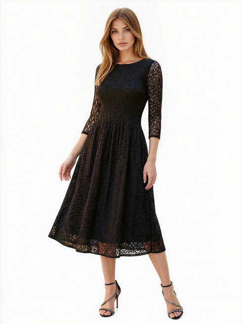 3/4 Sleeve Elegant Lace Floral Dress - DR1436