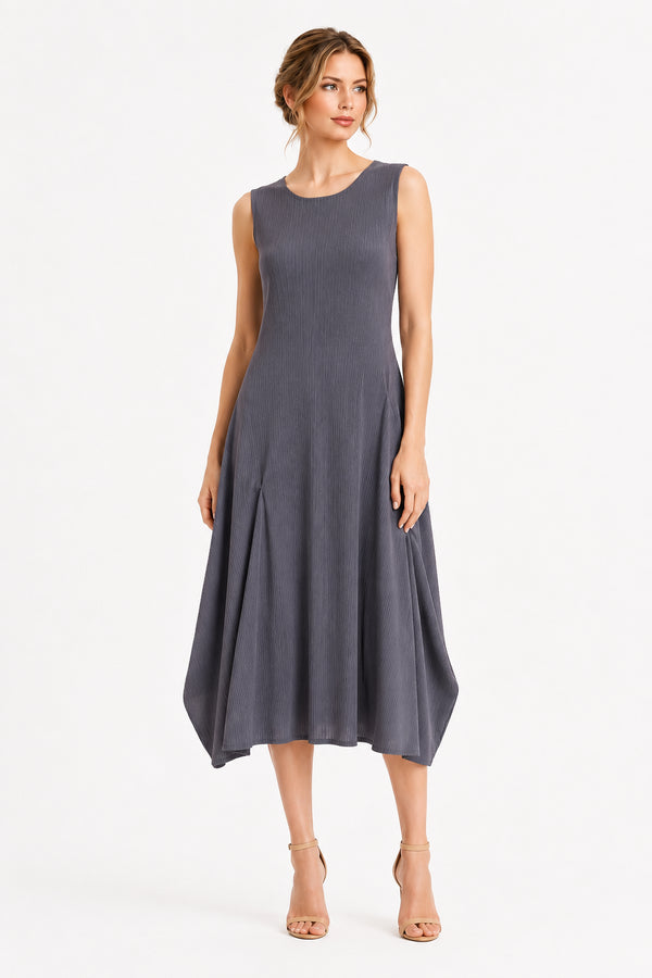 Grey Sleeveless Pleated Midi Dress