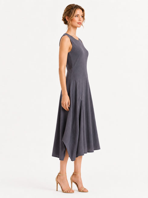 Grey Sleeveless Pleated Midi Dress