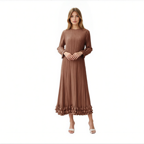 long-sleeve pleated bubble hem midi dress - DR1583