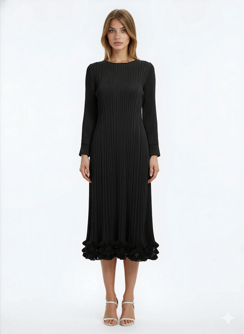 long-sleeve pleated bubble hem midi dress - DR1583