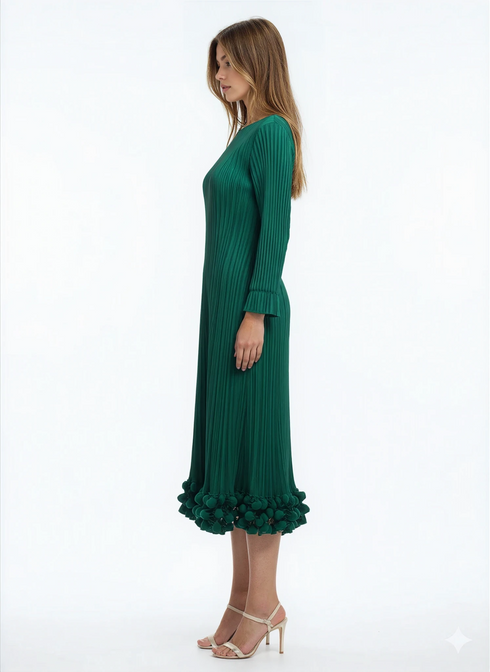 long-sleeve pleated bubble hem midi dress - DR1583