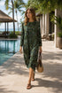 Pleated Origami Midi Dress – Elegant Tropical Print Resort & Occasion Dress