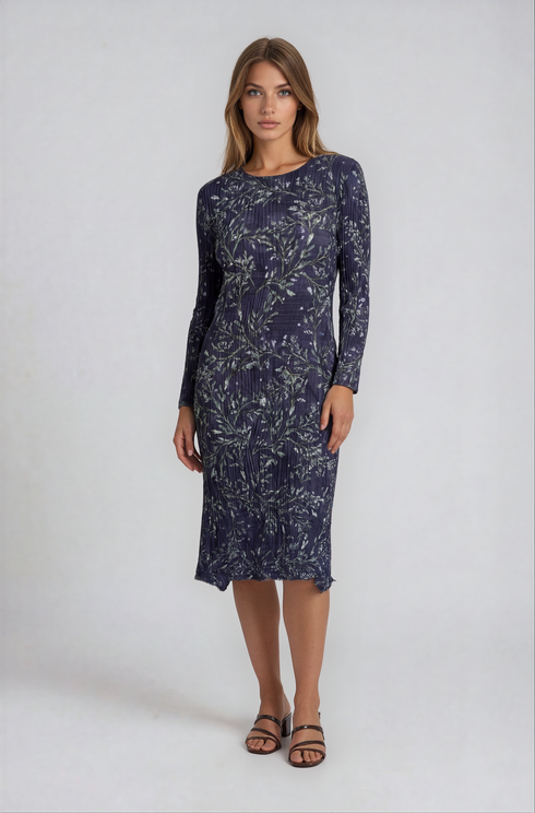 Pleated Origami Midi Dress – Elegant Tropical Print Resort & Occasion Dress