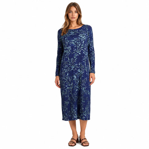 Pleated Origami Midi Dress – Elegant Tropical Print Resort & Occasion Dress