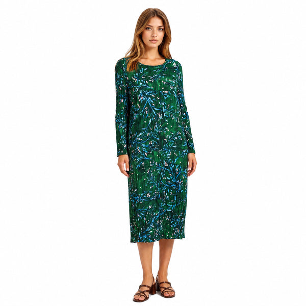 Pleated Origami Midi Dress – Elegant Tropical Print Resort & Occasion Dress