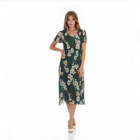 Green Floral Pleated Midi Dress- DR1618