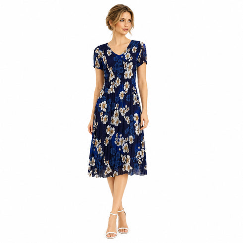 Elegant Floral Pleated Midi Dress, Green & Blue