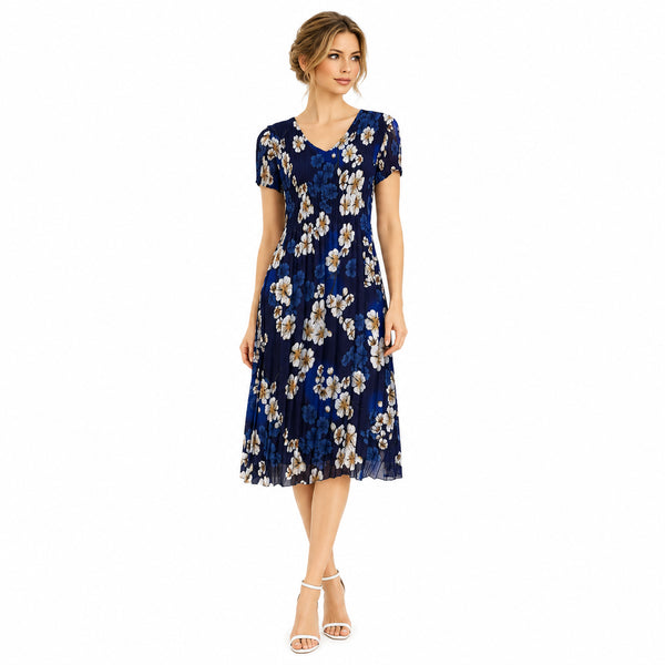 Elegant Floral Pleated Midi Dress, Green & Blue