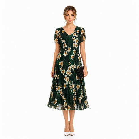Elegant Floral Pleated Midi Dress, Green & Blue