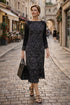 Elegant Black Lace Sleeve Midi Dress – Sophisticated Floral Pattern Dress for Women
