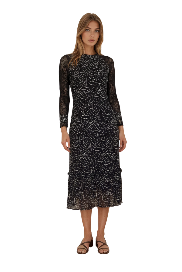 Elegant Black Lace Sleeve Midi Dress – Sophisticated Floral Pattern Dress for Women