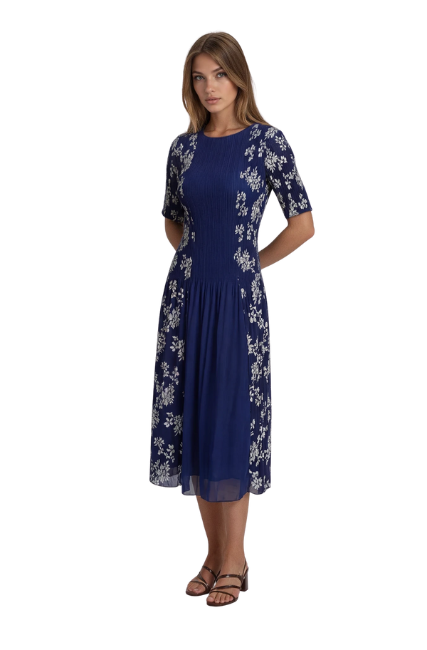 Floral Pleated Midi Dress | Blue & Green Elegant Garden Party Dress