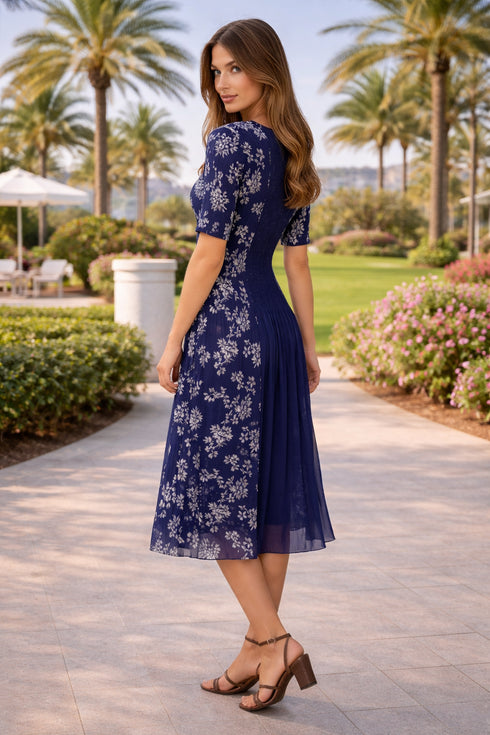 Floral Pleated Midi Dress | Blue & Green Elegant Garden Party Dress