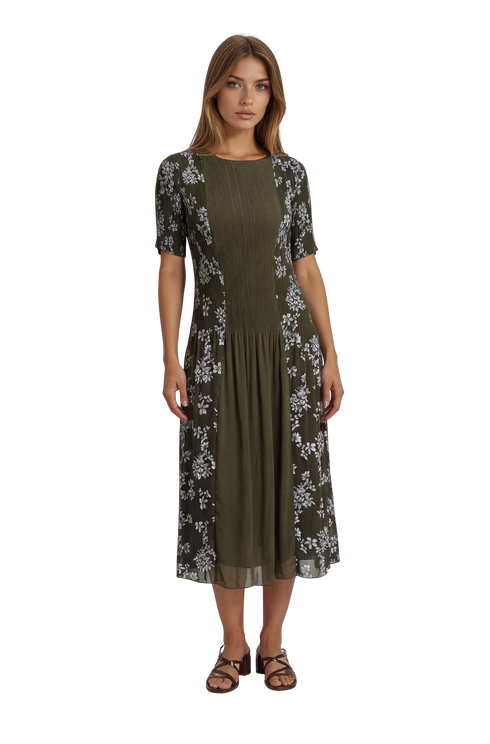 Floral Pleated Midi Dress | Blue & Green Elegant Garden Party Dress