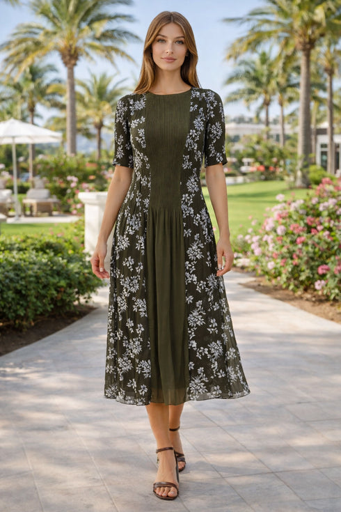 Floral Pleated Midi Dress | Blue & Green Elegant Garden Party Dress