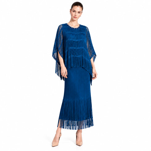 Beaded Fringe Poncho & Midi Dress 2-Piece Occasion Set